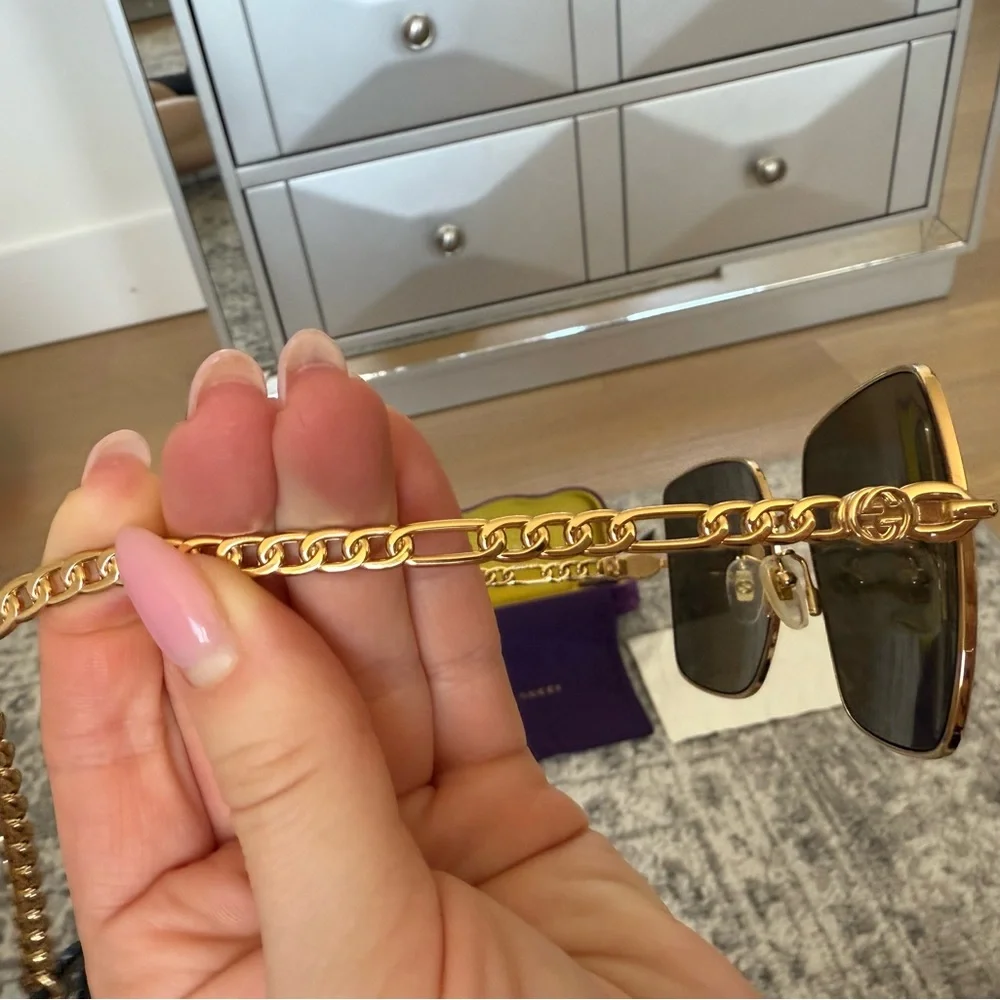 Gucci Gold Metal Square Sunglasses with Dark Gray Lenses